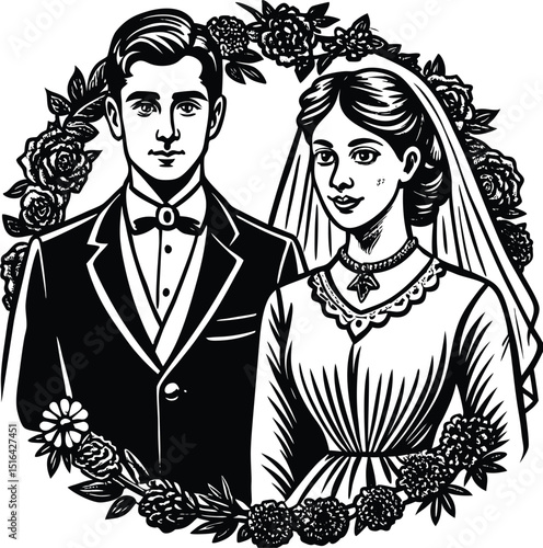 Romantic vintage wedding couple illustrations in detailed hand-drawn engraving style. Elegant black and white bride and groom artwork perfect for classical wedding invitations and timeless romantic.