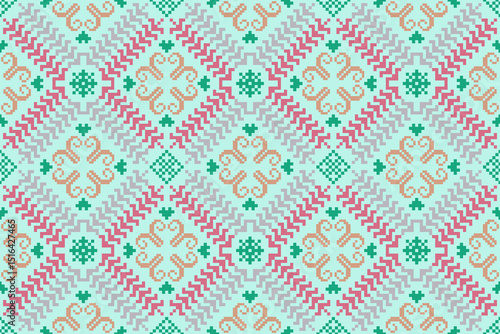 Cross stitch pattern concept showcasing traditional ethnic geometric pattern, Design for textile, background,carpet,wallpaper,clothing,wrapping,Batik,fabric,Vector illustration	
