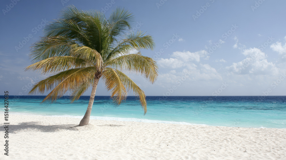 serene and ultrabright beach scene featuring single palm tree swaying gently in breeze serene and ultrabright beach scene featuring single palm tree swaying gently in breeze