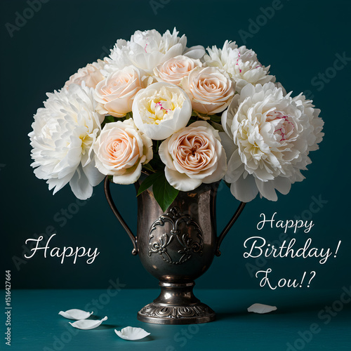 Elegant Birthday Roses & Peonies in Silver Vase: Festive Floral Arrangement