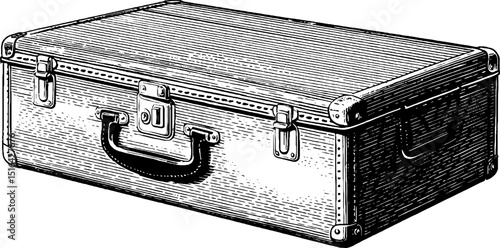 Vintage engraved suitcase illustration in black bold lines for design and decor