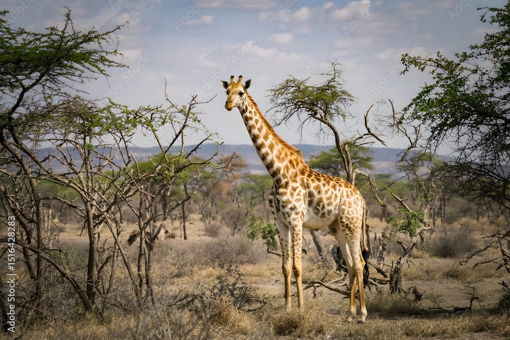 Fototapeta premium Giraffe in african savanna landscape