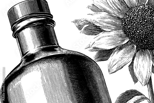 Engraved illustration of a sunflower oil bottle with blooming sunflower for design purposes
