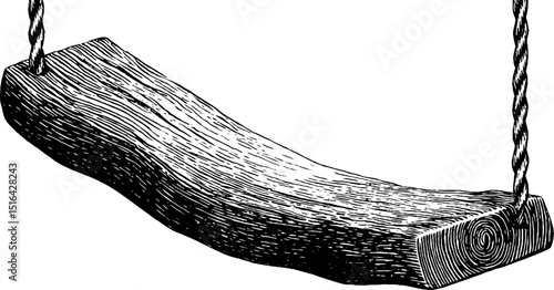 Detailed artistic engraving of a wooden swing with bold black lines for design and decor