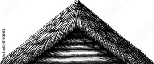 Engraved illustration of traditional thatched roof - architectural design concept