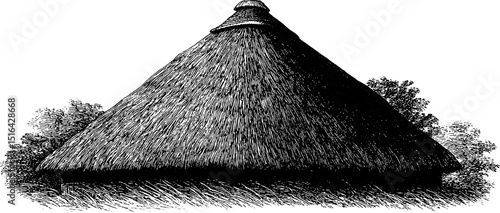 Engraved illustration of traditional thatched roof house in nature