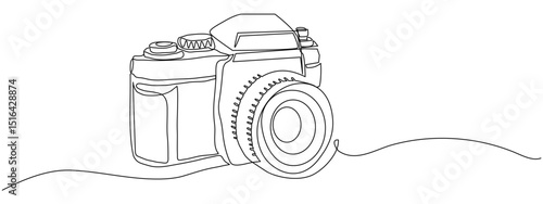 One continuous line drawing of professional camera on isolated transparent background. Simple linear style design photo camera icon for International Photographer’s Day. Vector illustration. Editable 