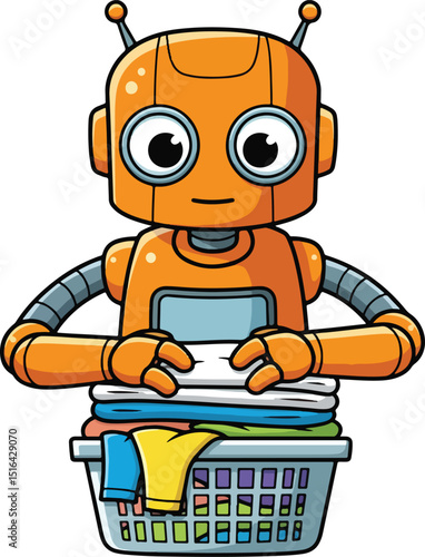 A friendly cartoon robot, colored in bright orange, is shown diligently folding a stack of clothes from a laundry basket.