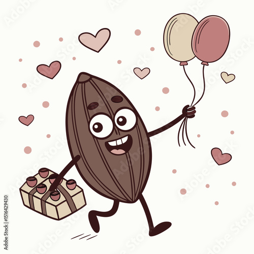 happy cocoa bean cartoon with baloon.