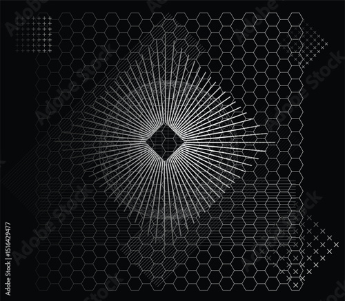 An intricate abstract background composed of hexagonal grids, radiating lines, and other geometric patterns in shades of grey and white on a black background
