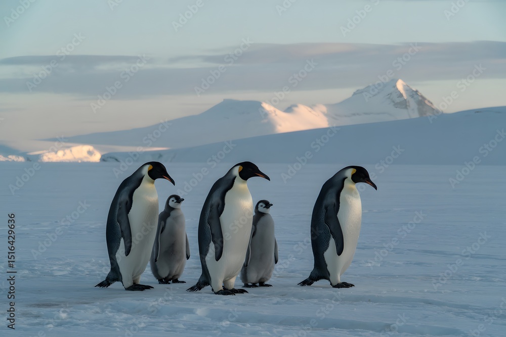 Obraz premium Emperor penguin family in antarctica at sunset