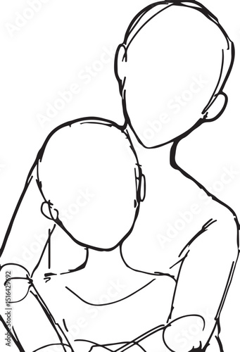 Line art of an embracing pose for anime or manga style figures, useful for artists studying human interaction and character design.