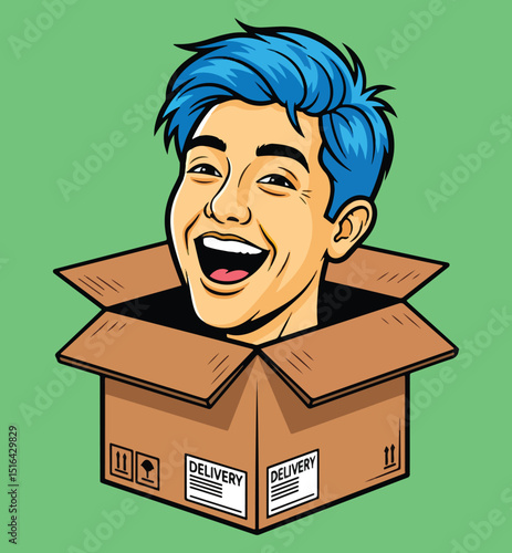 A cheerful cartoon illustration of a boy with bright blue hair happily popping out of a cardboard delivery box against a vibrant green background, conveying excitement and unboxing delight.