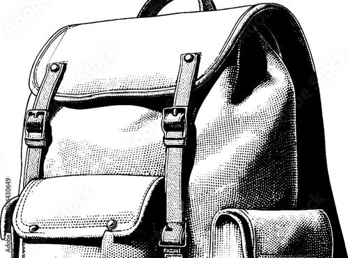 Engraved illustration of vintage travel backpack with detailed straps and pockets