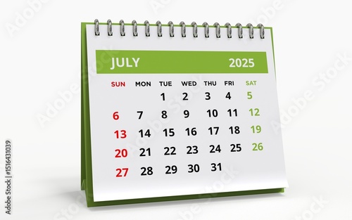 Standing Desk Calendar July 2025. Business monthly calendar with metal spiral-bound, the week starts on Sunday. Monthly Pages on a white base and green title, isolated on white background, 3d render