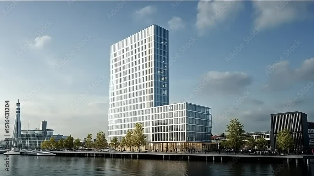 Architectural visualization of modern office building by the water in urban landscape Architectural visualization of modern office building by the water in urban landscape
