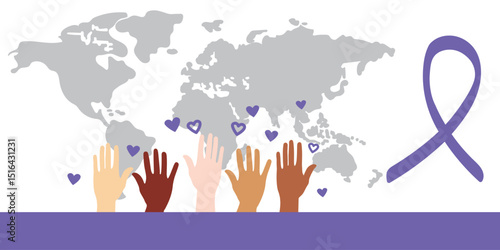 Purple ribbon with raised hands on global map, symbol of epilepsy awareness, pancreatic cancer support, and domestic violence prevention worldwide
