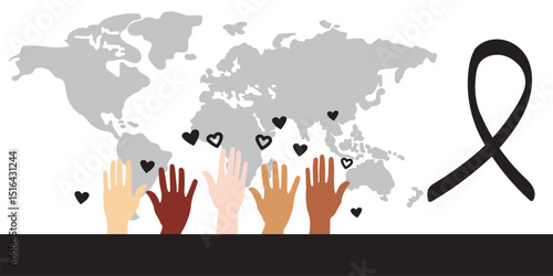 Black awareness ribbon and multicultural hands on global map, symbol of grief, melanoma remembrance, tribute to loss, and global mourning community unity