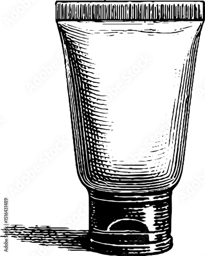 Vintage engraved illustration of travel-sized sunscreen tube for skincare and summer preparation