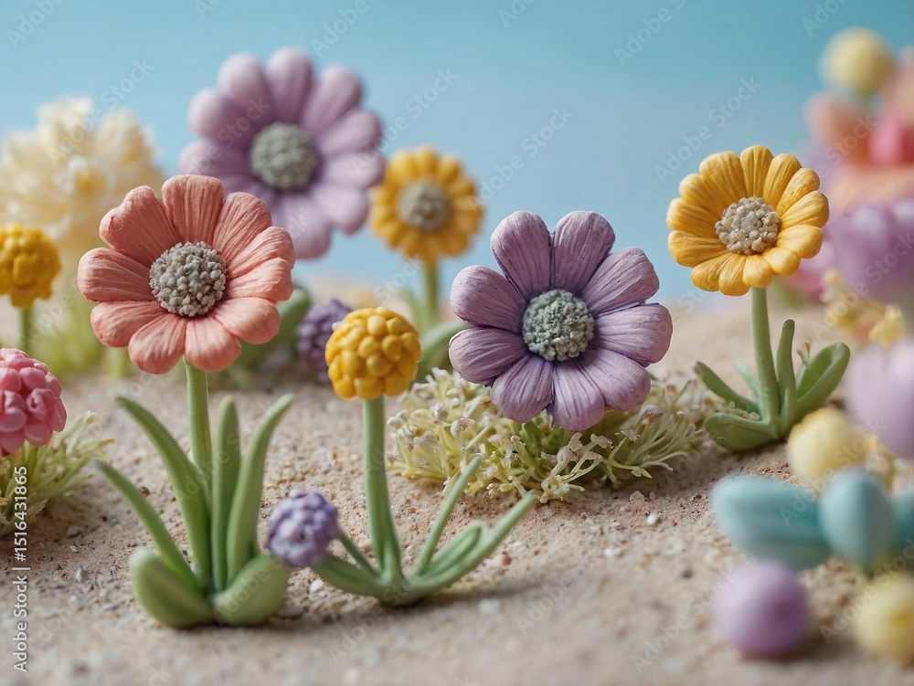 Obraz premium Whimsical Pastel Landscape with Miniature Flower Sculptures