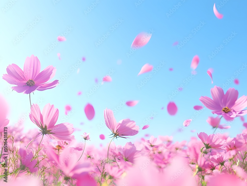 Cosmos Flowers Floating in Clear Blue Sky, Blooming Cosmos in Bright Sky, Windy Cosmos Petals in Air, Clear Sky with Falling Pink Flowers, Sunny Sky and Cosmos Blossom Scene Cosmos Flowers Floating in Clear Blue Sky, Blooming Cosmos in Bright Sky, Windy Cosmos Petals in Air, Clear Sky with Falling Pink Flowers, Sunny Sky and Cosmos Blossom Scene