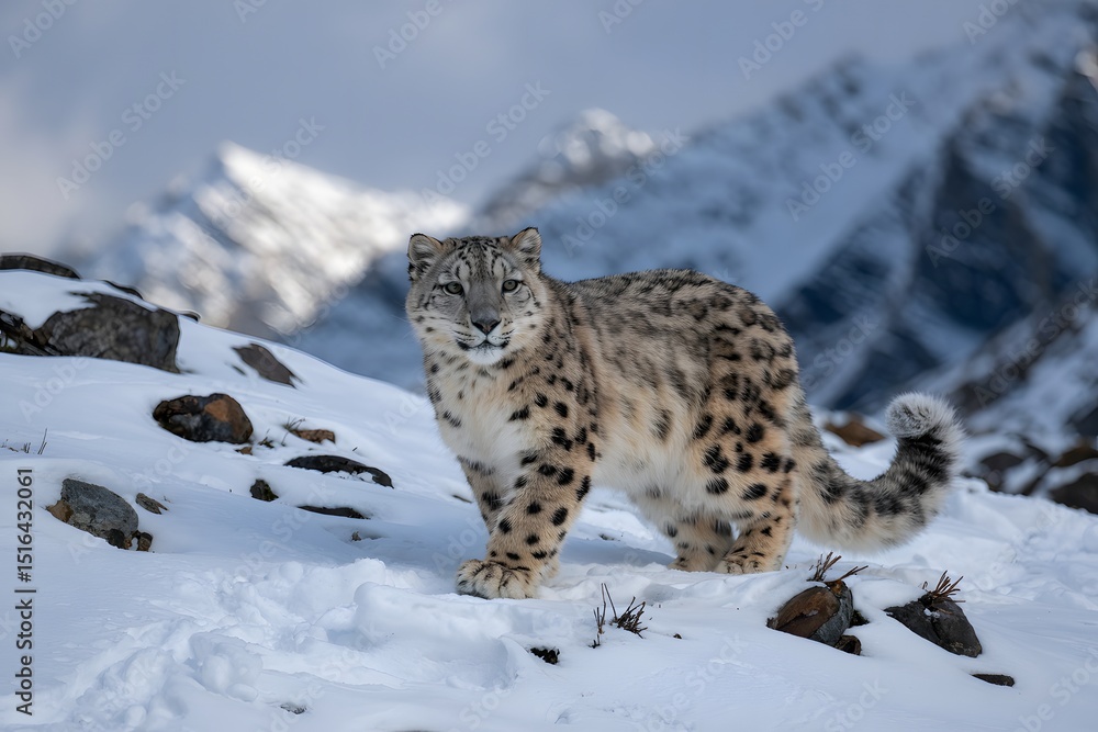 Fototapeta premium Majestic snow leopard in snowy mountain habitat