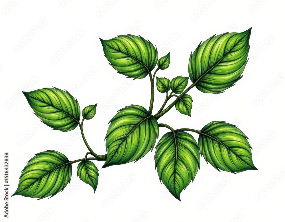 Fototapeta premium Elegant simplicity, a single branch with lush green leaves on pristine white background