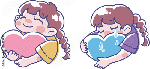 ハートを持った幸せそうな女の子と泣いている女の子のイラスト