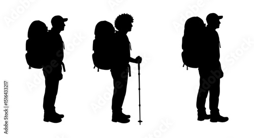 Hikers Silhouette with Backpacks and Trekking Poles