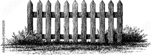 Vintage engraved wooden fence with bushes illustration for rustic design