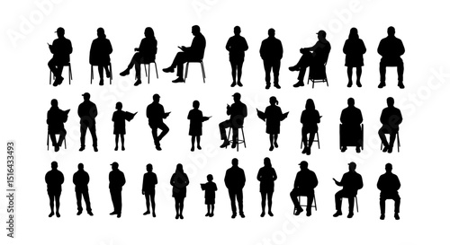 Diverse Silhouette Set of People Sitting and Standing