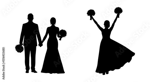 Silhouette of a wedding couple and a bride throwing a bouquet