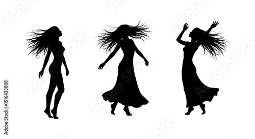 Three Silhouettes of Women Dancing with Flowing Hair