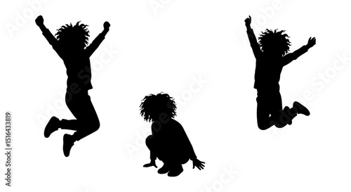 Three happy children jumping in silhouette.