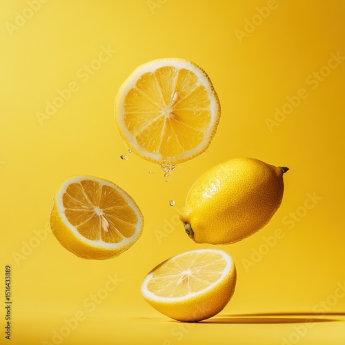 Sliced and whole lemons levitating against a vivid yellow backdrop