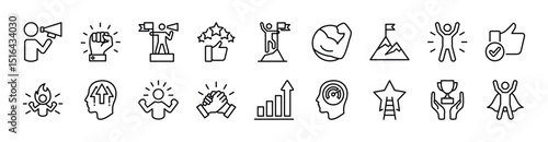 Success motivation icon set. Contains leadership, self-confidence, positive feedback, mountain peak, empowerment, achievement, trust, willpower, inspiration, growth chart, increase vector illustration