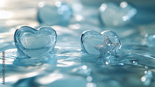 Wallpaper Mural Aesthetic photograph of delicate clear glass hearts and sparkling star shapes floating in water against light blue background creating ethereal dreamy love atmosphere
 Torontodigital.ca