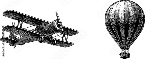 Vintage aviation and aerostatics: engraved illustrations of airplane and hot air balloon