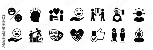 Behavior emotional of people, person, and human icon vector set. Contains smile, happy, sad, dizzy, mutual help, teamwork, donation, disappointed, theatre mask, good, angry, friendship. Illustration
