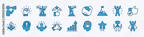 Set of success motivation icon vector. Contains leadership, self-confidence, positive feedback, mountain peak, empowerment, achievement, trust, willpower, inspiration, growth chart, increase