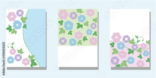 Summer greetings, frame design, Morning glory flowers decoration, seasonal greetings design set. Vector illustration.