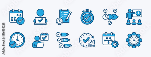 Set of discipline icon. Contains time management, on schedule, core, rules, behavior, diligent employee, hard work, step, plan, strategy, timetable, commitment, routine, calendar. Vector illustration