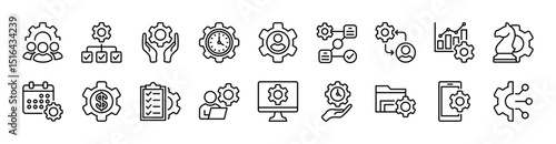 Organization management icon vector set. Contains manage time, employee structure hierarchy, workflow, plan, strategy, clipboard task checklist, schedule, finance, device development, gear