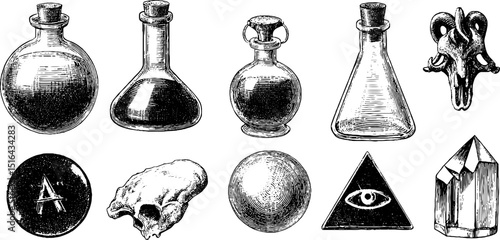 Alchemy flask and mystical symbols engraved illustration set for artistic design