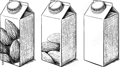 Vintage engraved illustration of almond milk cartons for packaging design and branding