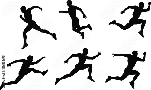Running athlete silhouette vector, sprinting man poses, sports illustration, fitness training, black figure isolated, motion graphic design clipart, editable