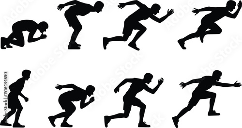 Runner starting position vector, sprint athlete silhouette, running sequence, sports training, fitness posture, black figure, motion graphic design clipart