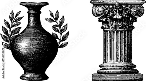 Engraved illustration set of ancient amphora and greek column for historical design