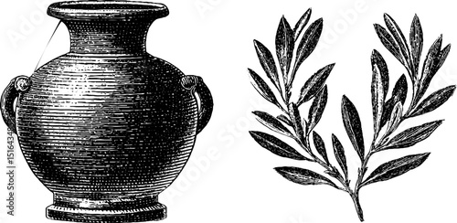 Engraved ancient amphora and olive branch design for historical decor