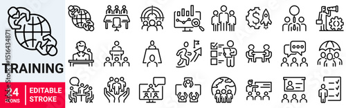 Teamwork training line icons related team, co-workers, cooperation. Linear busines simple symbol collection. vector illustration. Editable stroke